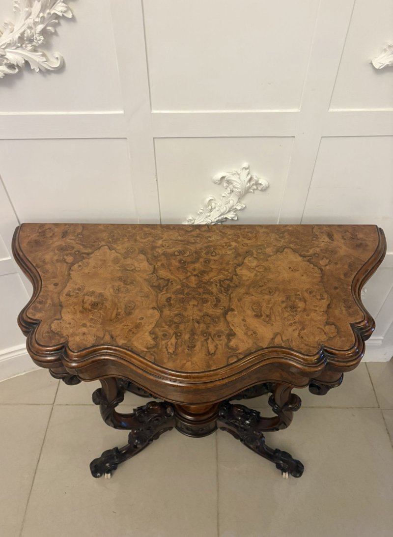 Antique Exceptional Quality Victorian Burr Walnut Card Table/Console Table with Carved Basket Base - Image 7